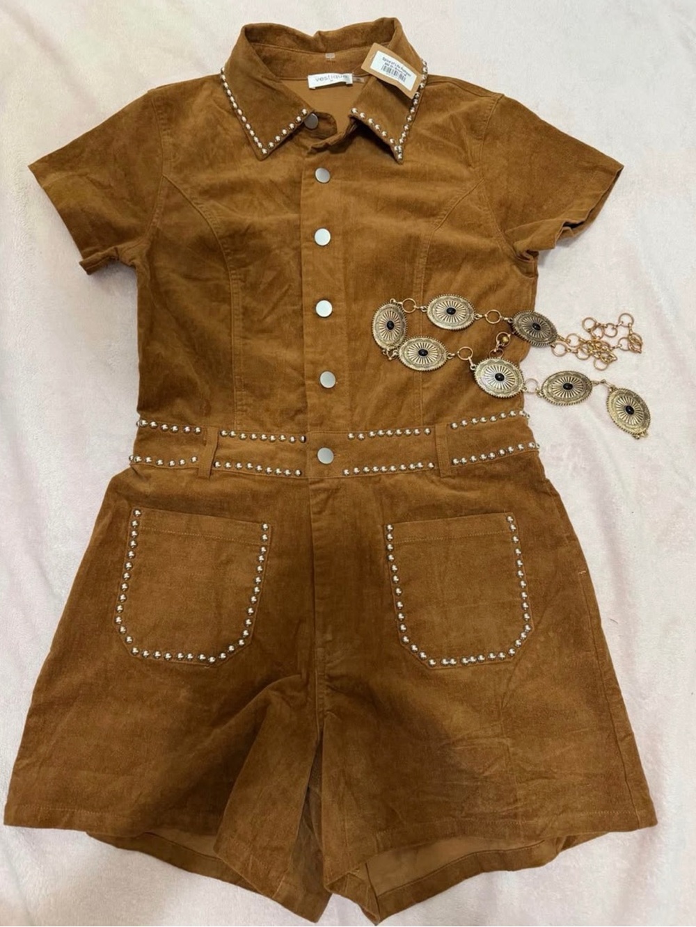 Stud-Trim Short Suede Jumpsuit in Brown